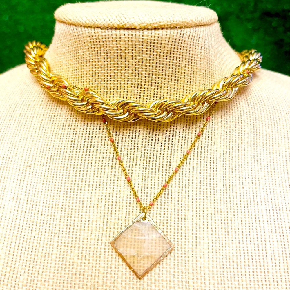Chuncky gold braided necklace & cute gold necklace with mother of pearl charm.